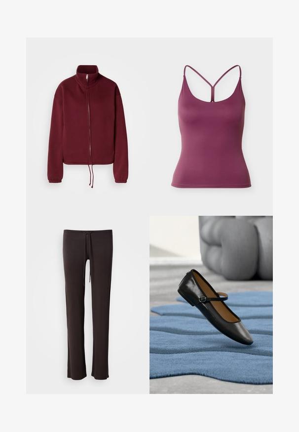 Bordeauxfarvet sweatshirt med lynlås, høj krave, lange ærmer og snørre i kanten. Har glat tekstur og elastiske ærmekanter.; Ærmeløs lilla tanktop med tynde stropper og et Y-formet rygdetalje, lavet af glat, strækbart stof.; Sorte, letvægtsbukser med lige snit, snøre i taljen og glat tekstur; designet til komfort og bevægelsesfrihed.; Sort læder Mary Jane-sko med spænde, vist på et struktureret blåt tæppe, med en sløret grå tuftet sofa i baggrunden.