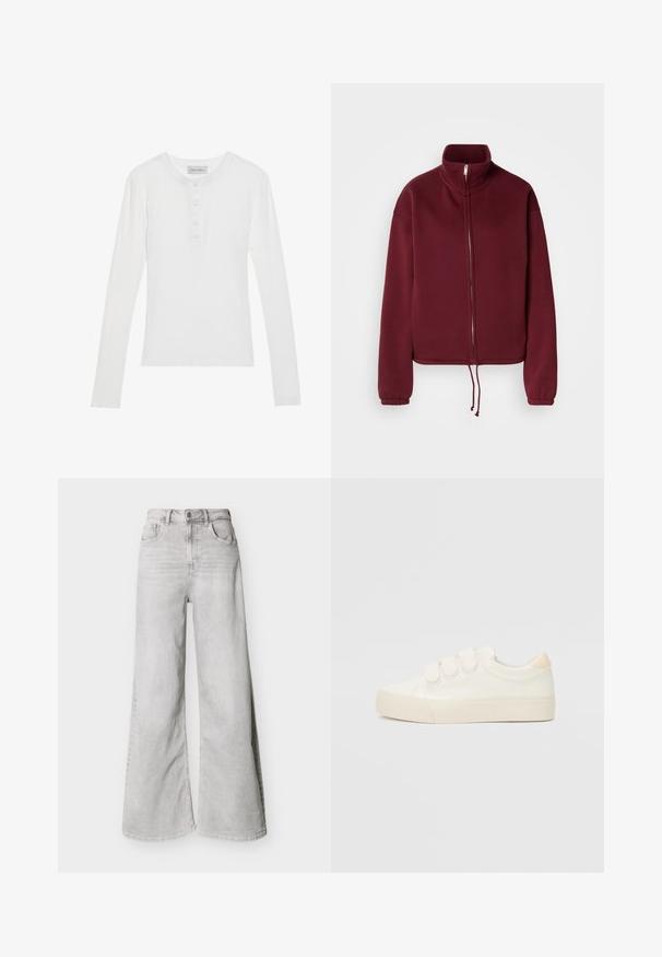 Bordeauxrode sweatvest met rits, hoge kraag, lange mouwen en trekkoordzoom. Kenmerkt zich door een gladde textuur en elastische manchetten.; Witte lange mouwen shirt met een geribbelde textuur, ronde halslijn, drie-knopen placket en zachte stof. Merkenlabel zichtbaar op de kraag.; Lichtgrijze jeans met wijde pijpen van denim, voorzien van een hoge taille, steekzakken aan de voorkant en een knoopsluiting. Glad oppervlak met een subtiele vervaagde uitstraling.; Witte sneakers met een gladde leren uitstraling, drie klittenbandsluitingen, ronde neus en een gestructureerde rubberen zool. Achteraccent in beige.