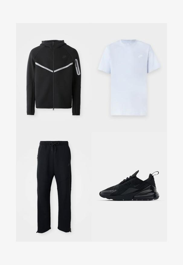 Schwarze Zip-Hoodie mit einem reflektierenden Streifen über der Brust, verstellbarer Kapuze und einer seitlichen Tasche mit Reißverschluss.; Hellblaue Baumwoll-T-Shirt mit kurzen Ärmeln, Rundhalsausschnitt und einem weißen Nike-Logo, das auf der linken Brust gedruckt ist. Glatte Textur, schlichtes Design.; Schwarze Sporthose mit elastischem Bund und Kordelzug, seitlichen Taschen, schmal zulaufenden Beinen und Reißverschlüssen an den Knöcheln. Glatte Textur.; Schwarzer Nike Air Max 270 Sneaker mit strukturiertem Obermaterial, Mesh-Einsätzen und einer glänzenden Ferse mit einer auffälligen Luftpolsterungseinheit.