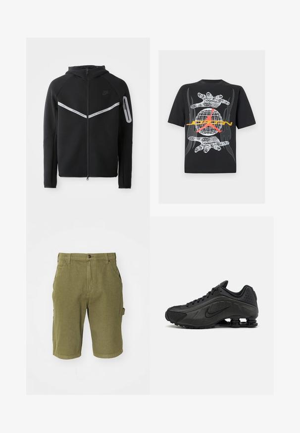 Sort zip-up hættetrøje med en reflekterende streg på brystet, justerbar hætte og en sidelomme med lynlåslukning.; Sort bomulds-T-shirt med motiv af håndskeletter og en globus med en orange og rød logo i midten. Markante flammeeffekter.; Oliven grønne bomulds cargo-shorts med knaplukning, bæltestropper, sidelommer og en let tekstureret stofoverflade.; Sorte løbesko med en glat syntetisk overdel, perforerede detaljer, teksturerede sidedele og en distinkt fjedrende sål.