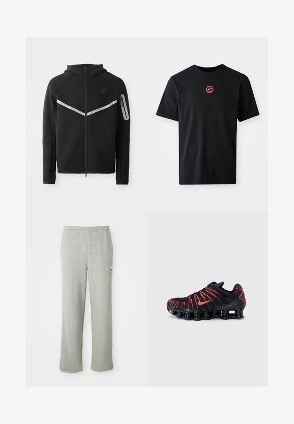 Sort zip-up hættetrøje med en reflekterende streg på brystet, justerbar hætte og en sidelomme med lynlåslukning.; Sort kortærmet T-shirt i bomuld med et sekskantet rødt og hvidt Nike-logo på brystet og en rund halsudskæring.; Grå sweatpants lavet af blødt bomuldsblandingsstof, med elastisk talje, lige ben-design og et lille logo på venstre side.; Sorte atletiksko med røde detaljer, der har en struktureret mesh-overdel, et unikt bølget design og en formstøbt polstret sål.
