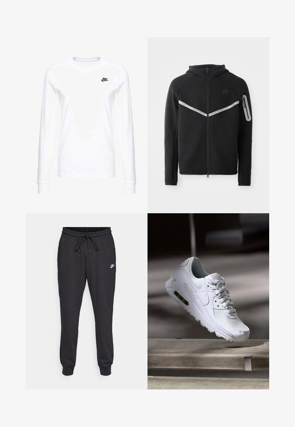 Schwarze Zip-Hoodie mit einem reflektierenden Streifen über der Brust, verstellbarer Kapuze und einer seitlichen Tasche mit Reißverschluss.; Weißes Langarm-T-Shirt aus Baumwolle mit kleinem schwarzem Nike-Logo auf der linken Brust und rundem Halsausschnitt. Glatte Textur.; Schwarze Sweatpants aus Baumwollmischung, mit elastischem Bund und Kordelzug, bündchenartigen Knöcheln und einem weißen Nike-Logo auf dem Oberschenkel.; Weiße Nike Air Max 90 Sneaker mit einem Obermaterial aus Mesh und Leder, durchlässigem Zehenbereich und einer sichtbaren Air-Einheit in der Ferse.