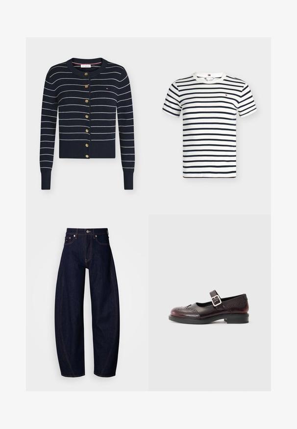 Marineblauer Cardigan mit weißen horizontalen Streifen, goldenen Knöpfen vorne, gerippten Bündchen und Saum sowie kleinem Flaggenlogo auf der Brust.; Weißes T-Shirt mit kurzen Ärmeln und Rundhalsausschnitt, horizontalen dunkelblauen Streifen und kleinem rot-weiß-dunkelblauem Logo auf der Brust.; Dunkelblaue Jeans aus Denim mit weitem Schnitt, hoher Taille, orangener Naht, klassischem Fünf-Taschen-Design und Knopfverschluss.; Mary-Jane-Schuhe aus dunkelburgunderfarbenem Lackleder, mit gestanzten Details und einem geschnallten Riemen. Niedriger Blockabsatz, runde Zehenform.