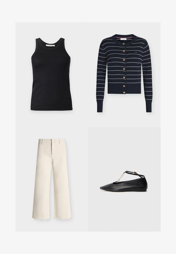 Marineblå cardigan med hvide vandrette striber, gyldne knapper foran, ribbet ærmekanter og kant, samt lille flaglogo på brystet.; Sort ribbet tanktop med rund halsudskæring og brede stropper, lavet af blødt stof. Ingen synlige mønstre eller hardware-detaljer.; Off-white vidde bukser med bæltestropper, knapper foran og lynlås, vist på en enkel lys baggrund.; Sorte læder balletflade sko med spids tå, udsnit design, ankelrem og guldkæde accent. Glat tekstur, minimal hæl.