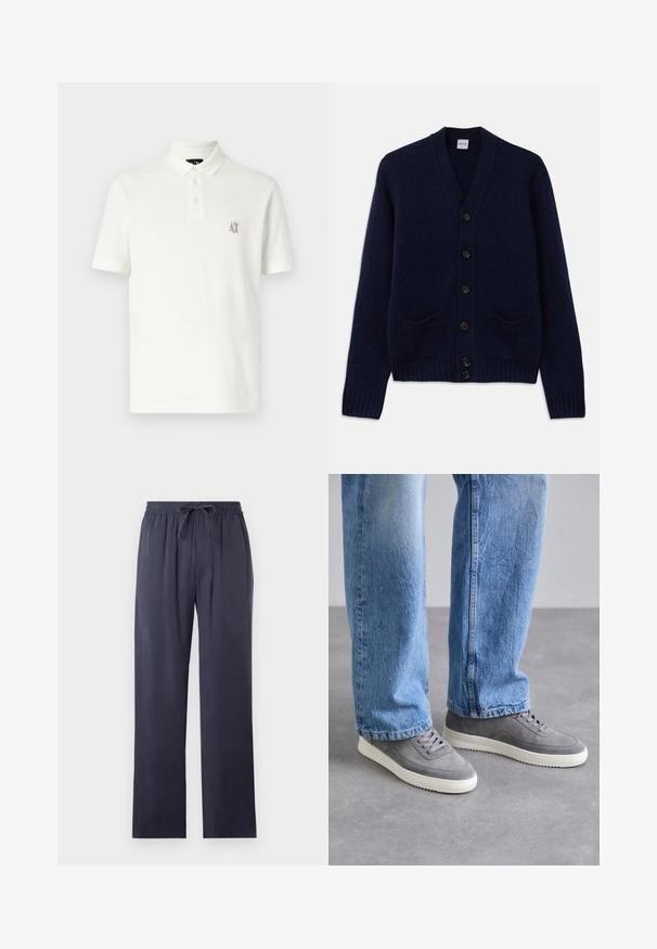 Cárdigan de punto azul marino con escote en V, seis cierres de botones marrones, dos bolsillos frontales y puños y dobladillo de canalé. Tejido texturizado.; Camiseta polo blanca de algodón, con un cuello de dos botones, mangas cortas y un pequeño logotipo bordado en marrón en el lado izquierdo del pecho.; Pantalones de color azul marino, de corte holgado, fabricados con una tela suave, con cinturilla elástica y cordón ajustable. Piernas rectas, sin bolsillos.; Zapatillas grises con parte superior de ante y suela de goma. Presentan punta redondeada, seis oberturas para cordones y detalles texturizados. Combinadas con unos jeans de color azul claro.