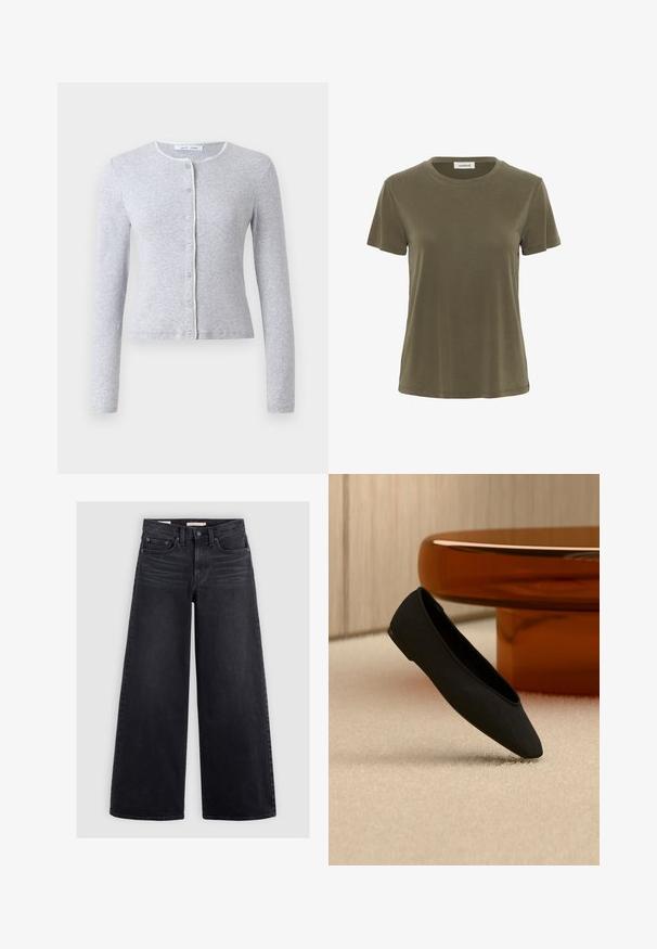 Grå langærmet cardigan med rund hals, knaplukning foran, og en kontrasterende dekorativ kant langs halsudskæringen. Blød tekstur, tætsiddende design.; Soaked in Luxury SLCOLUMBINE CREW-NECK SHORT SLEEVE - T-shirts basic - tarmac; Bredbenede sorte jeans lavet af denim, med høj talje, fem lomme-design og subtilt slid langs forsiden.; Sort spids lav sko på beige tæppe med et lavt, rundt, gennemsigtigt bord i ravfarve i baggrunden.