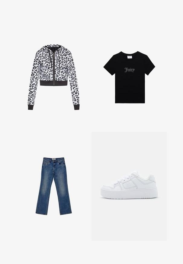 Geknipte hoodie in wit en zwart luipaardmotief, met een volledige rits, een capuchon met trekkoord en zwarte geribde zoom en manchetten.; Zwart Juicy Couture T-shirt met korte mouwen, rhinestone tekst "Juicy" op de voorkant en een ronde hals.; Vervaagde blauwe spijkerbroek met een rechte pijpdesign, vijf zakken en subtiele whiskering aan de voorkant. Bovenste knoop en ritssluiting.; Witte synthetische sneakers met een gladde textuur, ronde neus, vetersluiting en een dikke zool met een gestructureerd profiel.