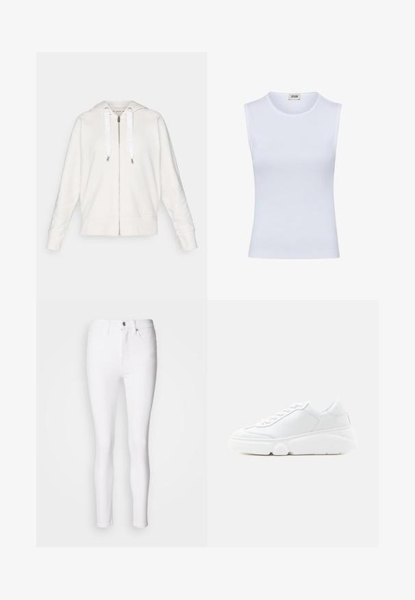 Lichtgrijze zip-up hoodie van zachte stof, met een capuchon, witte trekkoorden met logo en ribgebreide manchetten en zoom.; Witte mouwloze geribde tanktop met ronde halslijn en merklabel DRYKORN binnenin de kraag.; Witte denim skinny jeans met een hoge taille, voorzien van een voorste knoop- en ritssluiting en vijf zakken. Gladde textuur, aansluitend ontwerp.; Witte lage sneaker met dikke zool, veters aan de voorkant en een glad leren bovenwerk, getoond in zijaanzicht op een witte achtergrond.