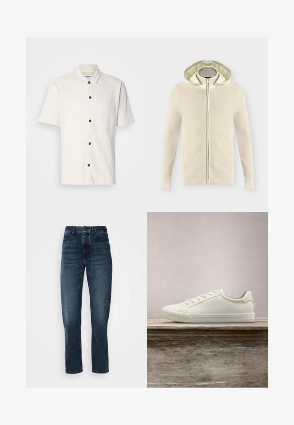 Sudadera con capucha beige de punto con cremallera, con capucha interior suave y acolchada y puños y bajo acanalados, mostrada sobre un fondo blanco liso.; Camisa blanca de manga corta con un diseño texturizado, botones frontales en marrón oscuro y un único bolsillo en el pecho.; Jeans de pierna recta azul oscuro con cierre frontal de botón y cremallera, diseño de cinco bolsillos y un ligero desgaste en los muslos y las rodillas.; Zapatilla blanca con cordones flotando sobre un banco de madera con follaje verde al fondo, mostrando el diseño y la textura del zapato.