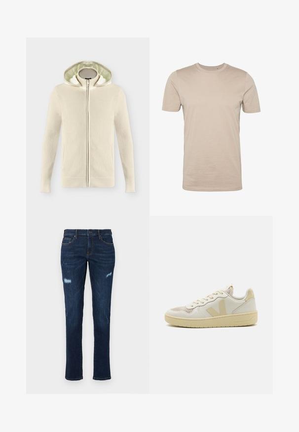 Beige neulottu vetoketjullinen huppari, jossa pehmeä, toppattu sisäkupu ja resorit hihansuissa ja helmassa, esitetty yksinkertaisella valkoisella taustalla.; Beige puuvillapaita, lyhyet hihat, pyöreä kaula-aukko, sileä pinta, saumaton muotoilu, kevyttä kangasta, ei näkyviä logoja tai kuvioita.; Tummansiniset farkut suoran leikkauksen kanssa, joissa on kulutettuja repeämiä polvissa, perinteiset taskut ja näkyvät vastakkaiset ompeleet.; Beiget nikesit, joissa on teksturoidun verkon varvasosa, sileä nahkainen päällinen ja kontrastiväriset logo-uunukset. Litteä kumipohja, jossa on tyylikäs muotoilu.