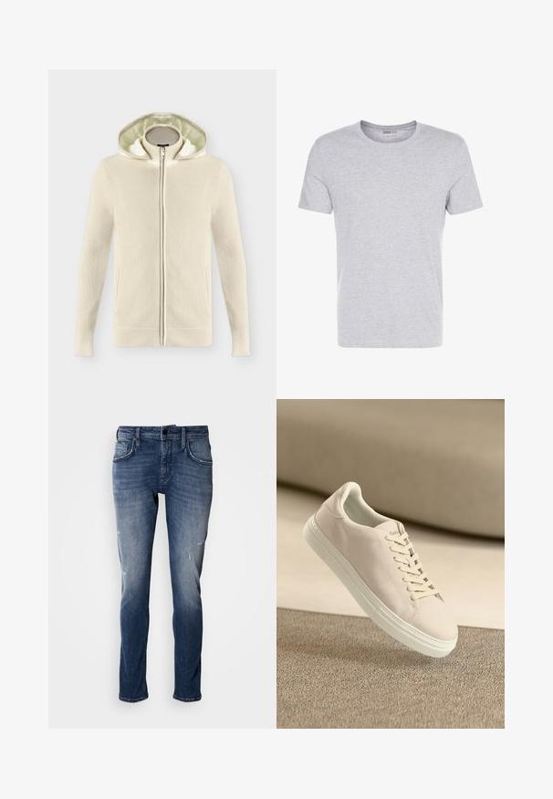 Sudadera con capucha beige de punto con cremallera, con capucha interior suave y acolchada y puños y bajo acanalados, mostrada sobre un fondo blanco liso.; Camiseta de algodón gris con cuello redondo, mangas cortas y un diseño liso, que presenta una textura suave y lisa, sin patrones ni adornos visibles.; Antony Morato KURT COMFORT - Vaqueros tapered - blue denim; Zapatilla de ante beige con suela y cordones blancos, mostrada flotando sobre una alfombra de textura beige contra un suave fondo beige.