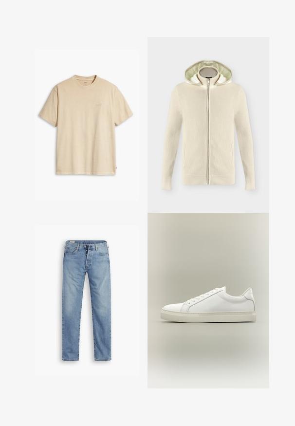 Beige strikket lynlås-hættetrøje med blød, polstret indvendig hætte og ribkanter ved ærmer og bund, vist på en ensfarvet hvid baggrund.; Beige bomulds t-shirt med rund hals og korte ærmer. Har et subtilt "Levi's" logo i samme farve på brystet. Blød tekstur.; Lyseblå denim jeans med lige pasform. Har en knaplukning, fem lommer og en let falmet tekstur.; Hvid lavtop sneaker med snørebånd foran og tyk sål, vist fra siden mod en neutral baggrund.