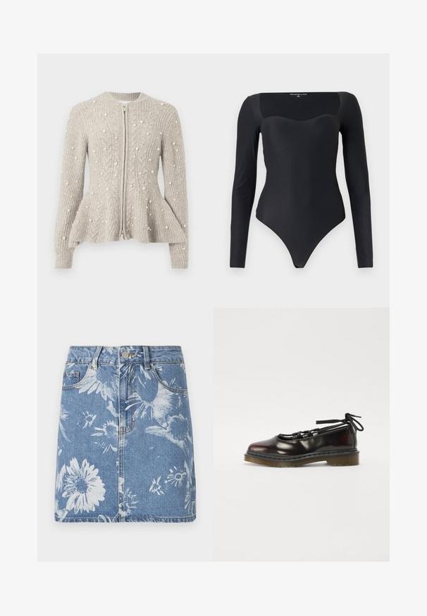 Beige strikket cardigan med kabelmønstre, lynlås lukning, flared talje og spredte dekorerende perle perler på ærmerne og kroppen.; Sort langærmet bodysuit med sweetheart-halsudskæring, glat stof og en tætsiddende silhuet med høj skæring ved benene.; Denim nederdel med en lys blå vask, prydet med hvide blomster mønstre, fem-lomme design, front knaplukning og frynset bundkant.; Blanketing mørkerød sko med rund tå, snørebåndsdesign, gummisål og sorte snørebånd, med sølvhardware og synede kanter.