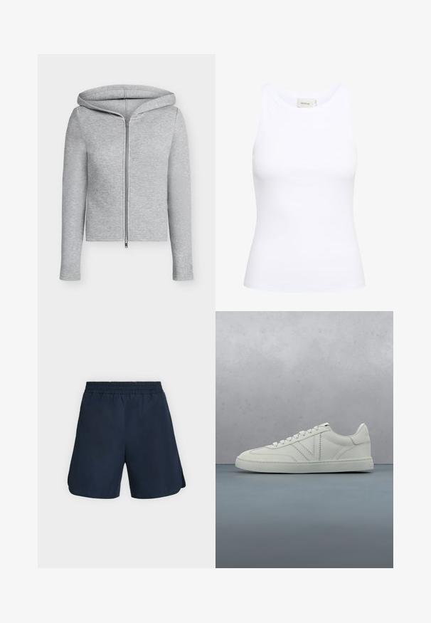 Sweat à capuche gris clair zippé intégralement avec manches longues et capuche ajustée, présenté sur un fond uni.; Débardeur blanc côtelé avec un col rond et sans manches. Tissu extensible et design ajusté. Étiquette au dos indiquant "GESTUZ."; Shorts de sport bleu marine avec taille élastique et fentes latérales, présentés à plat sur un fond clair uni.; Baskets en cuir blanc à lacets flottant au-dessus d'un bloc de bois et d'une surface extérieure en cailloux, plante verte floue et pierre en arrière-plan.