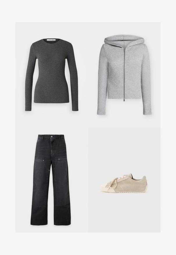 Sweat à capuche gris clair zippé intégralement avec manches longues et capuche ajustée, présenté sur un fond uni.; Haut à manches longues et col rond en gris foncé, fabriqué à partir d'un tissu côtelé avec une coupe ajustée, présentant une texture lisse et un minimalisme dans les détails.; Pantalon noir ample avec grandes pièces renforcées à l'avant, passants pour ceinture, fermeture par boutons et poches latérales sur un fond clair uni.; Baskets basses en daim beige avec lacets rose clair, semelle en caoutchouc blanc cassé et bout arrondi, sur fond clair uni.