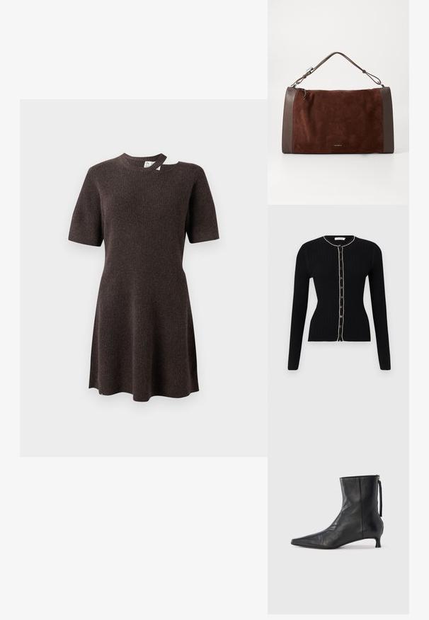 Zwarte geribde lange mouw cardigan met ronde hals en knopen aan de voorkant, met beige bies langs de knopenlijst en halslijn.; Donkerbruin geribbeld jurkje met korte mouwen, een ronde halslijn en een unieke open detail op de schouder. Zachte, gestructureerde stof.; Zwarte leren enkellaars met een puntige neus, gestructureerde vorm en een lage hak. Voorzien van een zijrits en een minimalistisch ontwerp.; Bruine suède tas met gladde bruine leren accenten, voorzien van een handvat aan de bovenkant, ritssluiting en een schoon, minimalistisch ontwerp.