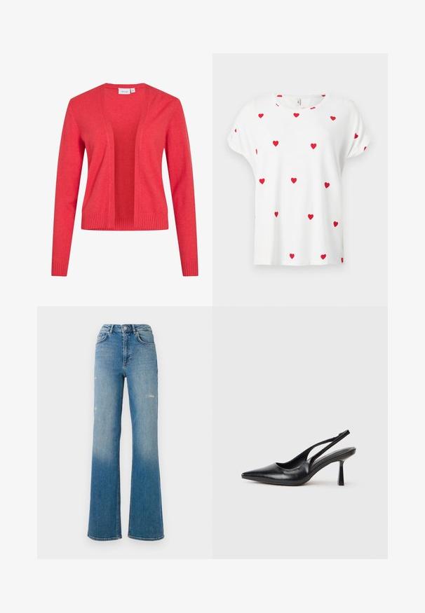 Cárdigan coral abierto al frente con mangas largas, puños y dobladillo acanalados, confeccionado en tela de punto suave.; Camiseta blanca de manga corta con cuello redondo, decorada con pequeños patrones de corazones rojos espaciados uniformemente en la parte delantera y las mangas.; Jeans de mezclilla azul de talle alto con leve desgastes en los muslos, estilo de cinco bolsillos y diseño de pierna acampanada.; Zapato de tacón alto negro de cuero con puntera afilada y tacón delgado sobre un fondo blanco.
