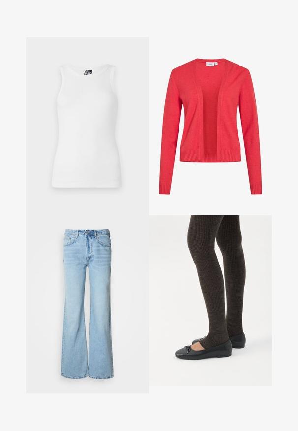 Cárdigan coral abierto al frente con mangas largas, puños y dobladillo acanalados, confeccionado en tela de punto suave.; Top de tirantes blanco con canalé, que presenta un escote redondo y un diseño sin mangas, hecho de una suave mezcla de algodón con una silueta ajustada.; Vaqueros azul claro con diseño de pierna acampanada, fabricados en mezclilla, con cierre frontal de botones, cinco bolsillos y un sutil efecto desgastado.; Piernas con leggings oscuros acanalados combinados con bailarinas negras que presentan pequeños detalles de lazo sobre un fondo blanco.