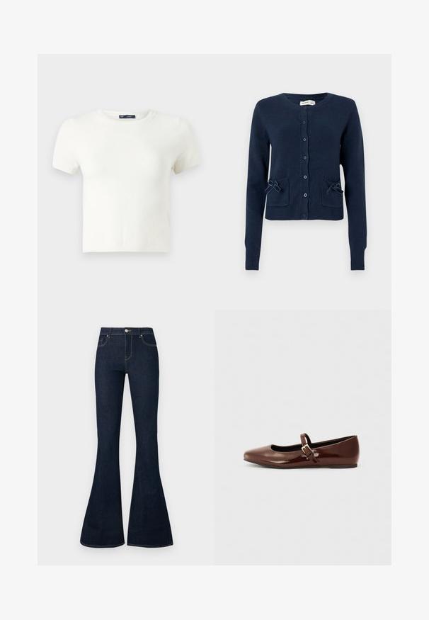 Cárdigan de punto azul marino con cuello redondo, cierre con botones, dos bolsillos delanteros con lazos y puños y dobladillo acanalados.; Camiseta blanca de manga corta fabricada con un material suave. Presenta un clásico diseño de cuello redondo y un ajuste slim, sin patrones ni acentos visibles.; Jeans de mezclilla oscuros de cintura alta con piernas acampanadas, cierre frontal con botón y cremallera, y diseño de cinco bolsillos.; Bailarina de charol marrón con punta cuadrada y tira que presenta una pequeña hebilla dorada. Textura suave, tacón bajo y diseño minimalista.