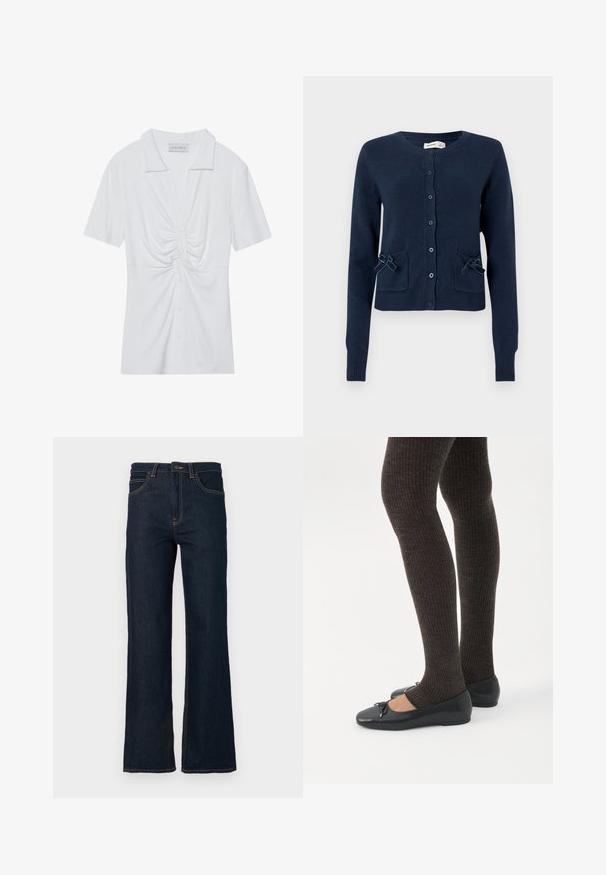 Marineblå strikket cardigan med rund halsudskæring, knapper foran, to forlommer med sløjfer samt ribstrikkede ærmeafslutninger og kant.; Hvid kortærmet blouse med krave, der har en snoet knude detalje foran og en knaplukning. Glat ribbet tekstur.; Mørkeblå straight-leg denim jeans med forlommer, bæltestropper og en knaplukning i taljen mod en hvid baggrund.; Ben iført mørke ribbede leggings kombineret med sorte balletsko med små sløjfedetaljer på hvid baggrund.