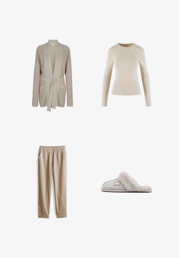 Beige gebreid vest met lange mouwen, sjaalkraag, opgestikte zakken aan de voorkant en een bijpassende gebreide ceintuur gestrikt in de taille.; Beige lange mouwen ribbel top met een ronde hals; heeft een aansluitende pasvorm en een kleine logo-accent op de manchette.; Beige elastische broeken met een tailleband, twee voorzakken, taps toelopende pijpen en een gladde textuur, geschikt voor casual kleding.; Grijze suède pantoffel met een zachte nep-bont band, voorzien van een metalen plaat met merklogo. Getextureerde zool voor grip, ontwerp met open achterkant.