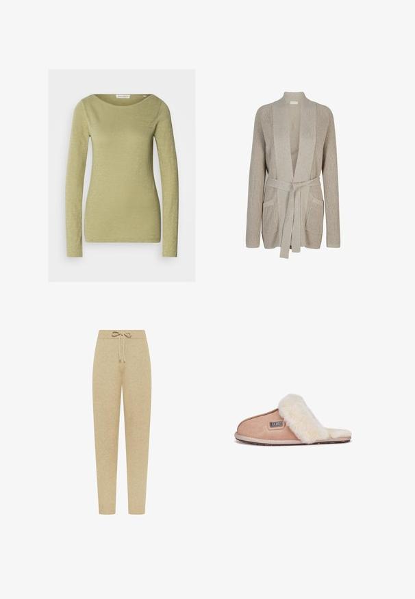 Beige gebreid vest met lange mouwen, sjaalkraag, opgestikte zakken aan de voorkant en een bijpassende gebreide ceintuur gestrikt in de taille.; Langemouwige top in licht olijfgroen, gemaakt van een zachte, gestructureerde stof. Heeft een brede halslijn en een aansluitende silhouet.; Beige gebreide joggerbroek met elastische tailleband en trekkoord, taps toelopende pijpen en geribbelde boorden.; Tan suède slipper met een zachte witte bontvoering, open teenontwerp, platte zool en een klein merklabel aan de zijkant.