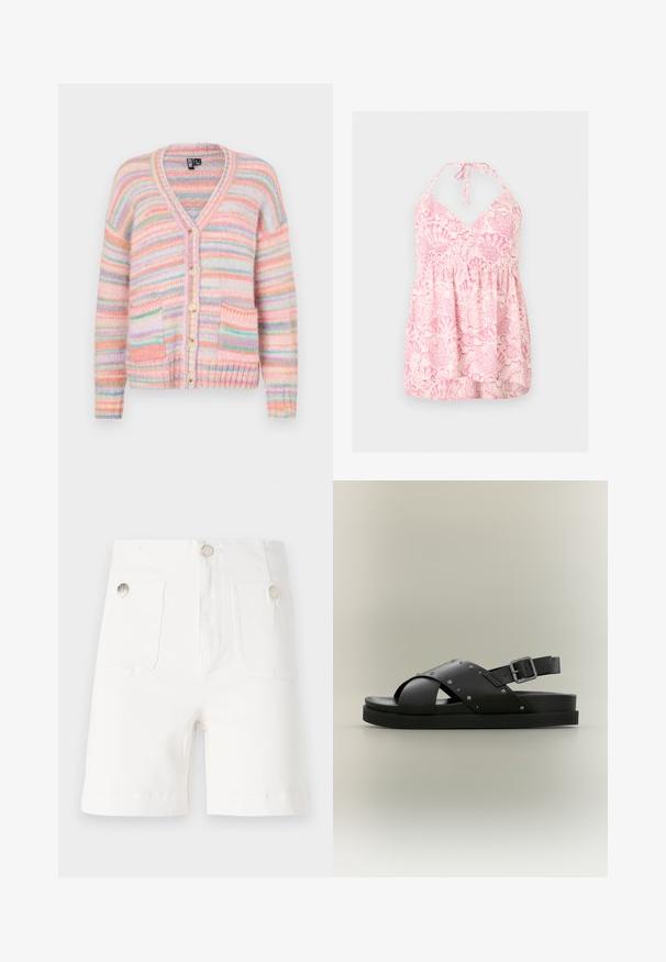 Pieces PCORMAN V NECK CARDIGAN - Kardigán - pink/multi-coloured; Ružový a biely top s halter vzorom mušlí a nariaseným pásom, navrhnutý pre voľný, vzdušný strih.; Biele bavlnené šortky s dvoma prednými vreckami a striebornými gombíkovými akcentmi. Priamy strih s hladkým, textúrovaným povrchom a prehnutými lemami.; Čierna kožená sandála s prekríženými remienkami, malými kovovými cvokmi a nastaviteľnou prackou na plochej podrážke na svetlom pozadí.