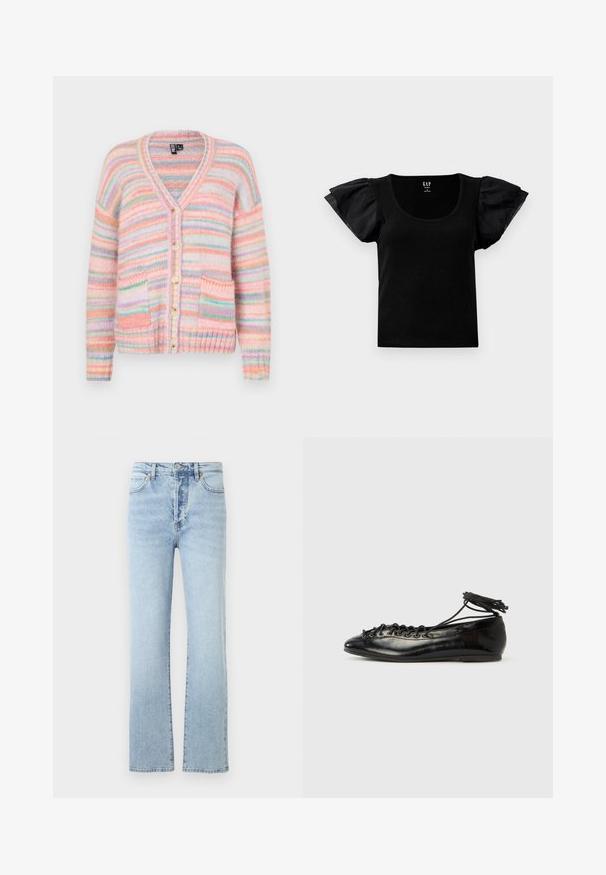 Pieces PCORMAN V NECK CARDIGAN - Kardigán - pink/multi-coloured; Čierny krátky rukávový rebrovaný top s nadýchanými priehľadnými rukávmi a okrúhlym výstrihom, vystavený v rovnej polohe na bielom pozadí.; Svetlomodré džíny s rovnými nohavicami, vysokým pásom, klasickým päťvreckovým designom a jemným vyblednutím.; Čierne baleríny z lakovanej kože s okrúhlou špičkou, šnurovačkou a plochou podrážkou. Hladká textúra s minimálnymi detailmi.