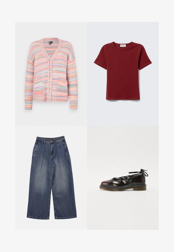 Pieces PCORMAN V NECK CARDIGAN - Cardigan - pink/multi-coloured; Kortærmet, oxrød T-shirt med rund hals og et "WEEKDAY" mærke på indersiden af nakken, lagt fladt på en lysgrå baggrund.; Bredbenede blå denimjeans med høj talje, plisseringer foran, sidelommer og knap- og lynlås-lukning, lagt fladt på en hvid baggrund.; Blanketing mørkerød sko med rund tå, snørebåndsdesign, gummisål og sorte snørebånd, med sølvhardware og synede kanter.