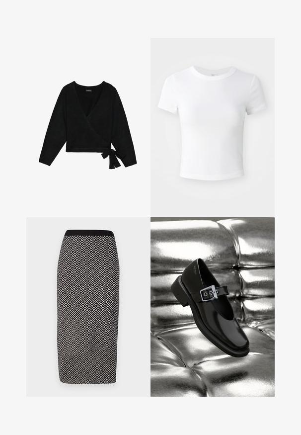 Sort indpakket sweater lavet af blødt materiale. Har en dyb V-hals, lange ærmer og en sidesløjfe, der giver mulighed for justerbar pasform.; Simpel hvid kortærmet cropped t-shirt med rund halsudskæring, præsenteret på en neutral lys baggrund.; Sorte og hvide mønstrede blyantskørt i struktureret stof, med en ribbet talje og geometrisk design over det hele.; Sorte læder Mary Jane sko med firkantet tå, en sølv spænde accent og en chunky lav hæl, sat mod en glansfuld sølv baggrund.