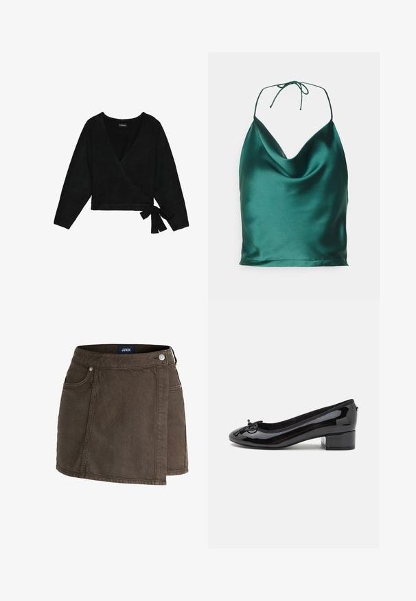 Zwarte wikkeltrui gemaakt van zacht materiaal. Beschikt over een diepe V-hals, lange mouwen en een zijstrikdetail voor een verstelbare pasvorm.; Even&Odd Top - dark green; Bruine denim wikkelrok met voorzakken, metalen knoopsluiting en JJXX-label aan de binnenkant van de tailleband.; Zwarte gepatineerde leren balletschoen met een ronde neus, een kleine blokhak en een decoratieve strik aan de voorkant. Gladde oppervlakte en gevoerde binnenkant.