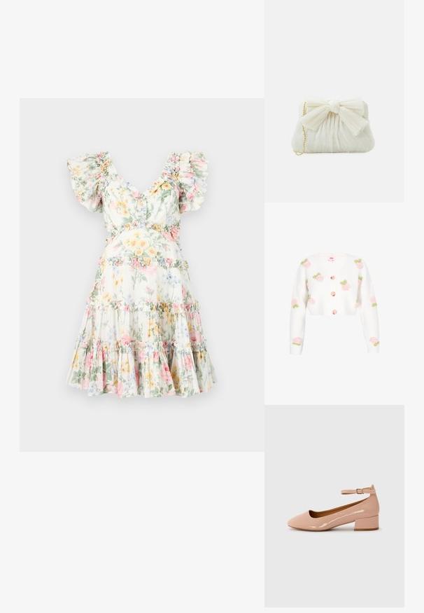 Hvid cropped cardigan med V-hals, der har broderede lyserøde roser med grønne blade. Inklusiv ferskenknapper ned langs forsiden. Blød tekstur.; Blomstret kjole i let stof, med flæset ærmer, dyb V-udskæring og lagdelt nederdel med pastelblomster og matchende flæsede detaljer.; Patentlakerede lyserøde flade sko med rund tå, ankelstrop og lav blokhæl. Glat tekstur og minimalistisk design.; Hvid plisseret clutch-taske med en fremtrædende sløjfedetalje og en guldkædetras. Blød tekstur med et samlet design på forsiden.