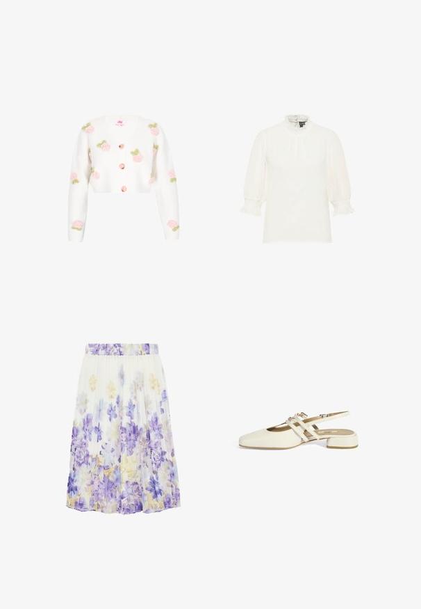 Witte, cropped cardigan met V-hals, versierd met geborduurde roze rozen en groene bladeren. Voorzien van perzikkleurige knopen aan de voorkant. Zachte textuur.; Witte blouse met driekwart pofmouwen, geplooide manchetten en een hoge geplooide kraag, effen voorkant met subtiele stippenstructuur.; Witte geplooide rok met een bloemenpatroon in tinten paars, blauw en lichtgeel, met een elastische tailleband.; Witte slingback schoen met een vierkante neus, kruisbandontwerp en een lage blokhak. Gladde textuur en minimalistische esthetiek.