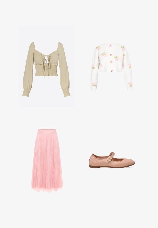 Hvid cropped cardigan med V-hals, der har broderede lyserøde roser med grønne blade. Inklusiv ferskenknapper ned langs forsiden. Blød tekstur.; Lysebeige cropped top i glat stof; har lange, puffede ærmer, ét sammentrukket bryst med bindefront og smockdetalje ved taljen.; zero MIT PLIESSENDEM BECHER - Pliceret nederdel /Nederdele med folder - bridal rose; Lyserøde læderballetsko med rund tå og en enkelt justerbar spændeoverdel henover buen. Flad gummisål. Glat tekstur.