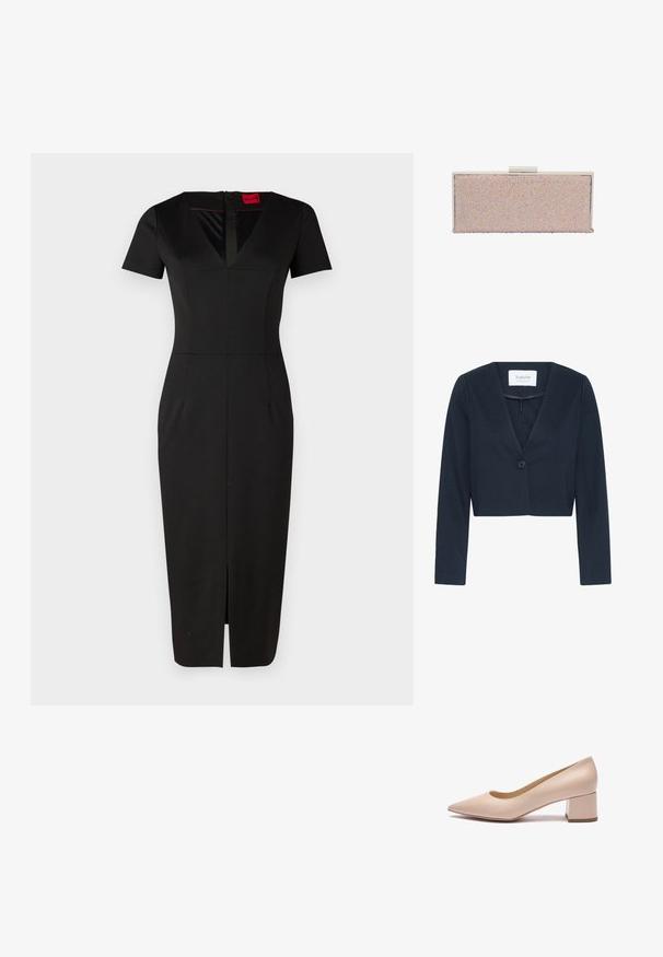 Kort sort blazer med lange ærmer, dyb V-hals og en enkelt knaplukning midt på.; Sort tætsiddende kjole med korte ærmer, V-udskæring, slids foran og struktureret design. Fremstillet af glat, strækbart stof. Etiket synlig.; Beige læderpump med blokhæl, spids tå, glat tekstur og minimalistisk design. Ensfarvet uden synlige mønstre eller accenter.; Rosenfarvet metallisk clutch med en glat overflade, udsmykket med iriserende perler, rektangulær form og en sølv lås.