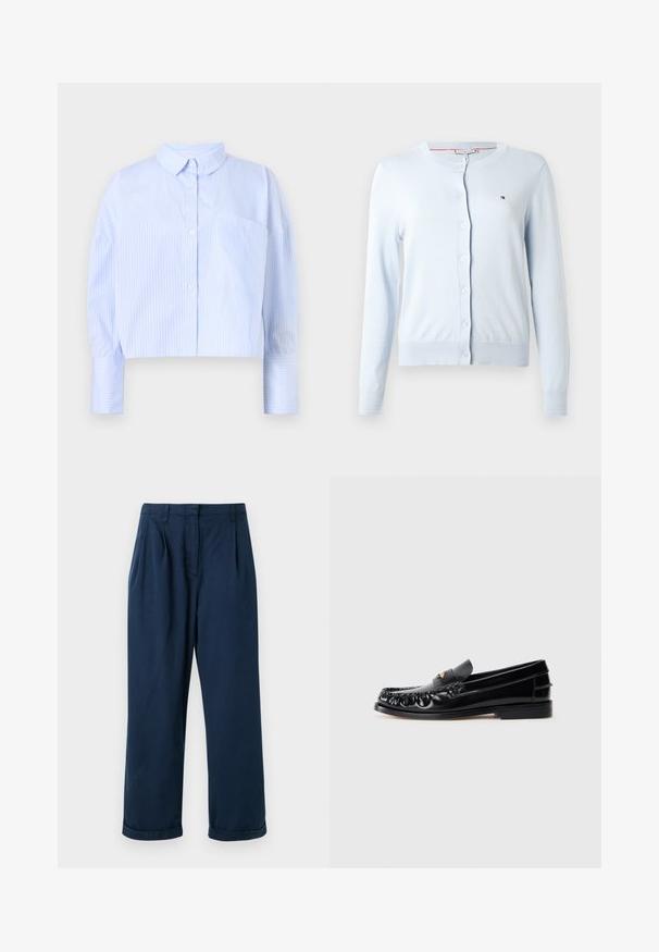 Helles blaues Strick-Jackett aus weichem Material, mit rundem Halsausschnitt, langen Ärmeln, Knopfverschluss und kleinem Logo auf der Brust.; Gekürzte Hemdbluse in Hellblau mit weißen vertikalen Streifen, ausgestattet mit einem Kentkragen und einer Brusttasche. Weicher Stoff.; Hose in Marineblau mit geradem Bein aus weichem Stoff, vorn mit Falten und umgeschlagenen Säumen für einen sauberen Abschluss.; Schwarze LederSlipper mit runder Zehenform, dekorativen Nähten und einem kleinen goldenen Akzent auf dem Vorderblatt. Flache Gummisohle, elegantes Design.