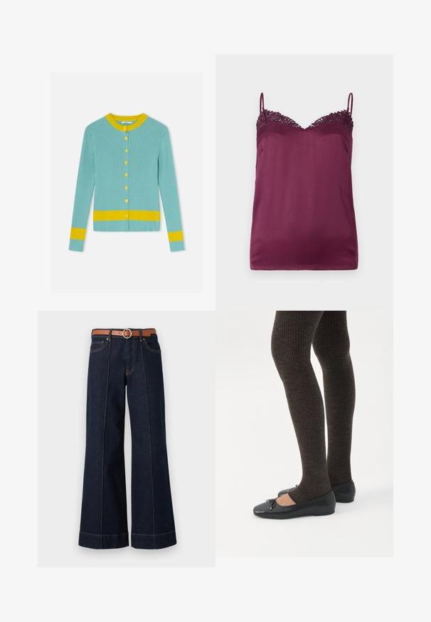 Hele sinine soonikkoes kardigan kollaste nööpide, kollase kraenääri ja kollaste triipudega varrukaõmblustel ja äärel.; TWINSET WOVEN TOP - Topp - bordeaux; Tumedast sinisest denimist laiad teksad kõrge vöökohtaga, pruuni vööd ja nähtavad õmblused. sisaldavad eespool taskud ja lõdva istuvuse.; Jalad seljas tumedad soonelises soonelises kombines mustade baleriinadega, millel on väikesed paelade detailid valgel taustal.