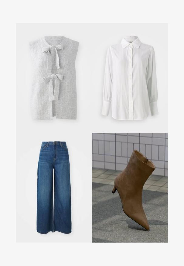 Gilet en tricot sans manches de couleur grise, présentant une texture côtière et deux nœuds à l'avant. Design ouvert à l'avant avec un matériau doux et léger.; Chemise blanche à boutons, à rayures verticales, avec de longues manches bouffantes et un col classique. Comprend une rangée de cinq boutons sur le devant.; Jeans en denim bleu à taille haute et jambes larges avec poches avant, passants de ceinture, fermeture à bouton et coutures visibles sur un fond blanc.; Bottine en daim marron avec un bout pointu, fermeture éclair et talon stiletto bas, présentée sur un fond texturé.