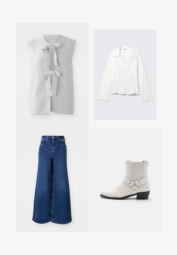 Chaleco de punto sin mangas en color gris, que presenta una textura de canalé y dos lazos en la parte delantera. Diseño de abertura frontal con un material suave y ligero.; Camisa blanca de manga larga con cuello, diseño ajustado, tejido texturizado, cierre frontal con botones y mangas acampanadas. Etiqueta de la marca visible.; Vaqueros de pierna ancha en denim azul oscuro, con una cintura alta, cierre de botón en la parte delantera y dos bolsillos frontales. Textura suave con costuras mínimas.; Botín de cuero blanco hasta el tobillo con punta ligeramente afilada, detalle fruncido en la parte posterior y una amplia correa con herraje de hebilla alrededor del tobillo.