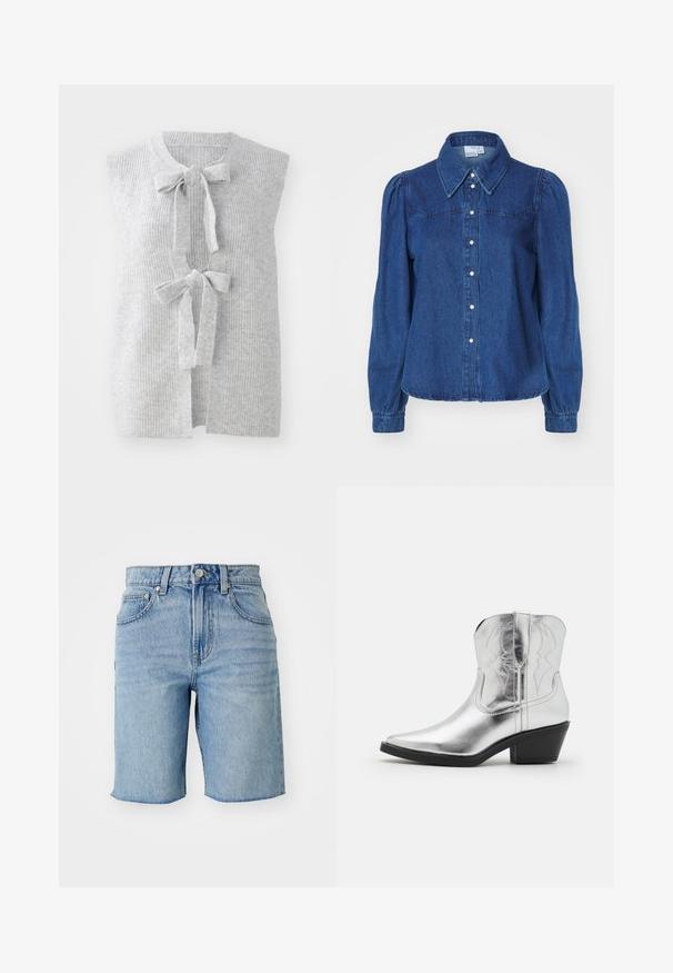 Graue, ärmellose Strickweste mit gerippter Textur und zwei vorderen Schleifen. Offenes Frontdesign aus einem weichen, leichten Material.; Denimhemd mit strukturiertem Kragen, langen Puffärmel und Knopfleiste. Dunkelblaue Stoff mit subtiler Textur und tailliertem Schnitt.; Helle blaue Jeansshorts mit hoher Taille, fünf Taschen und einem rohen Saum. Der Stoff zeigt eine ausgebleichte Wäsche mit subtilen Texturvariationen.; Silberne Leder-Cowboystiefel mit spitz zulaufender Zehenpartie, gestickten Details am Schaft und einem moderaten schwarzen Absatz. Glatte und glänzende Oberfläche.