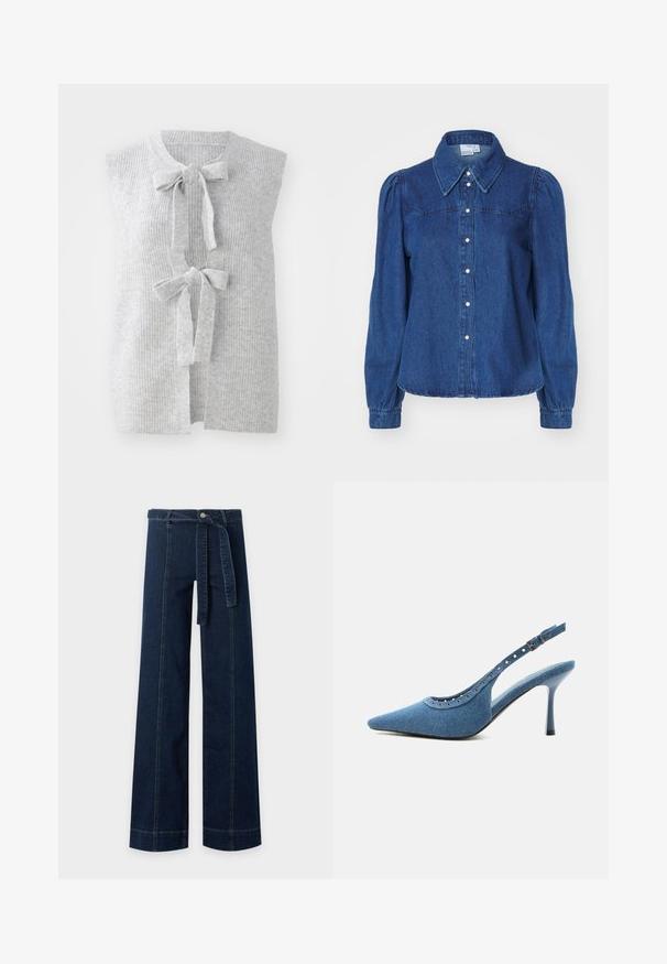 Chaleco de punto sin mangas en color gris, que presenta una textura de canalé y dos lazos en la parte delantera. Diseño de abertura frontal con un material suave y ligero.; Camisa de denim con cuello estructurado, mangas largas abullonadas y botones en la parte delantera. Tejido de color azul oscuro con textura sutil y cintura ajustada.; Pantalón vaquero azul oscuro de pierna ancha con detalles de costura en la parte delantera y cinturón de tela a juego atado a la cintura.; Zapato de tacón alto con puntera puntiaguda, trasera tipo slingback en denim azul con detalles de ojales plateados y correa ajustable con hebilla.