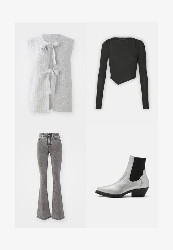 Hall hõbedane, ilma varrukateta kudumvest, millel on ribastekstuur ja kaks ees olevat pühendust. Avatud esiosa disain pehmest ja kergest materjalist.; Must must sleeves crop top must materjalist, millel on ümmargune kaelanaha ja asümmeetriline alläär koos lõikega õlavarredetailidega.; Kõrge vöökoht ja laienevate säärega teksad tuhmist hallist denimist, millel on kulumise detailid, nupuga sulgemine ja viie tasku disain.; ONLY SHOES ONLBRONCO SHORT - Kauboi/mootorratturi poolsaapad - silver