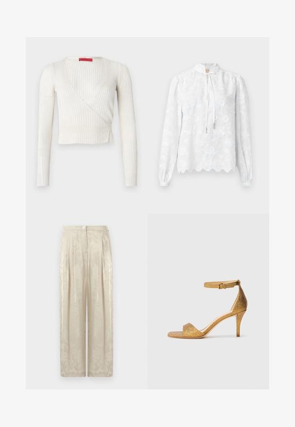 Haut cache-cœur à manches longues blanc à côtes, présentant un décolleté en V profond et une taille cintrée. Le tissu est doux, léger, avec peu de détails.; Blouse blanche en dentelle à manches longues avec broderie florale, ourlet festonné, col montant et fermeture à nouer à l'avant.; Pantalon beige taille haute à jambes larges avec un motif floral subtil, fermeture avant par boutons et détails plissés.; Sandale à talons hauts dorée pailletée avec une sangle à la cheville et une boucle, ouverte à l'avant, et talon aiguille fin sur un fond uni.