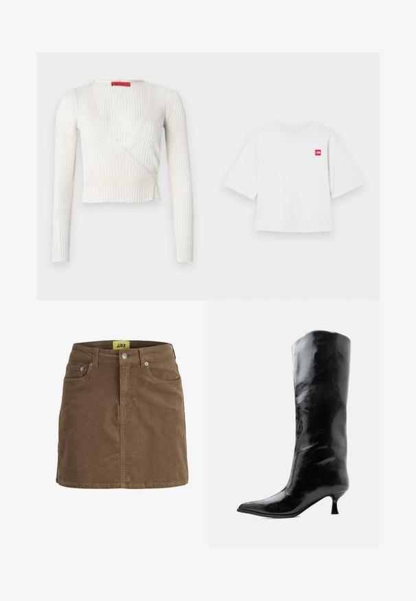 Weißes, geripptes Wickeloberteil mit langen Ärmeln, tiefem V-Ausschnitt und tailliertem Bund. Der Stoff ist weich, leicht und schlicht gehalten.; Weißes T-Shirt mit kurzen Ärmeln aus Baumwolle. Mit einem kleinen roten quadratischen Logo auf der linken Brustseite. Gerader Schnitt. Weicher Stoff.; Brauner Cord-Minirock mit vorderer Knopfleiste und Reißverschluss, Gürtelschlaufen und vorderen Taschen, mit gelbem JJXX-Label im inneren Taillenbund.; Schwarzer glänzender kniehoher Lederstiefel mit spitzer Spitze und niedrigem, gebogenem Absatz auf einfachem hellem Hintergrund.