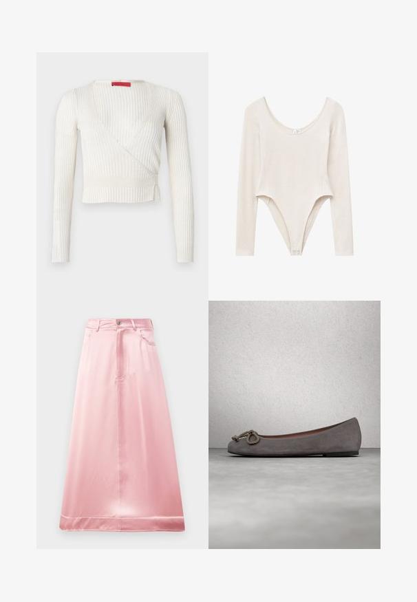 Hvid ribbet langærmet omslagstop med dyb V-udskæring og en tætsiddende taljebånd. Stoffet har en blød, let tekstur med minimal detaljering.; Langærmet bodysuit i blødt beige stof, med rundet halsudskæring, tætsiddende pasform og trykknapper i bunden.; Lyserød satin nederdel med en udvidet design, der har en frontknaplukning, bæltestropper og to sidelommer. Glat tekstur med en blank overflade.; Grå ruskind balletflade sko med en rundet tå, et knyttet reb-detalje og en subtil kontrastkant langs kanten. Flad, fleksibel sål.