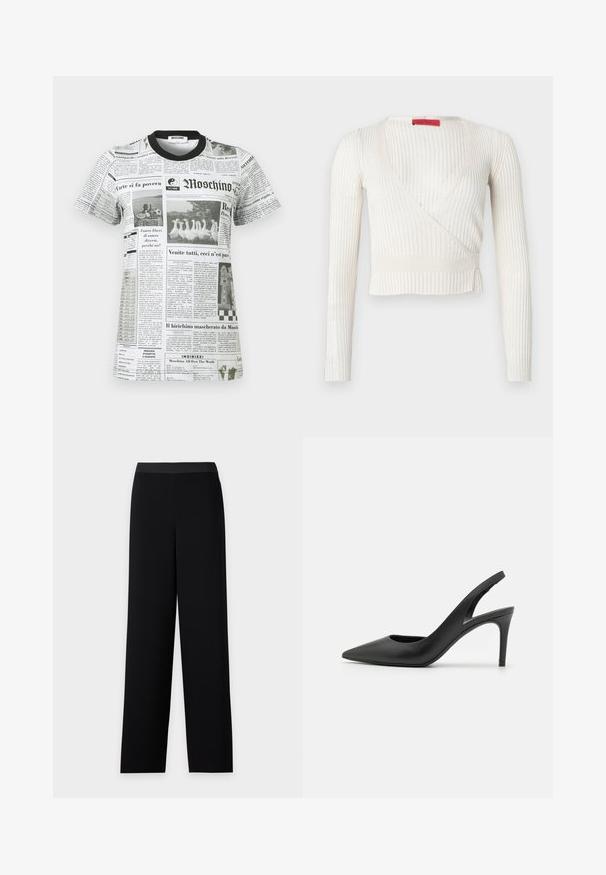 Haut cache-cœur à manches longues blanc à côtes, présentant un décolleté en V profond et une taille cintrée. Le tissu est doux, léger, avec peu de détails.; T-shirt Moschino à manches courtes avec col noir, présentant un imprimé journal en noir et blanc avec des blocs de texte et des images d'oies et d'un enfant.; Pantalon noir à jambes droites et taille haute, sans poches ni fermetures apparentes, présenté sur un fond clair et uni.; Escarpins à talon aiguille en cuir noir, avec un design à bout pointu, présentant une découpure à l'avant et un talon fin.