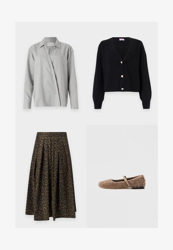 Sort cardigan med V-hals, lange ærmer og tre dekorative hjerteformede knapper foran.; CLOSED ASYMMETRIC SHIRT - Skjortebluser - light grey; Grøn og sort leopardprint plisseret midi-nederdel med høj talje og A-linje silhuet.; Brun, fuzzy flad sko med en Mary Jane rem og detalje med guldspænde. Blød tekstur, firkantet tå og lav blokhælfod. Glat indvendig foring.