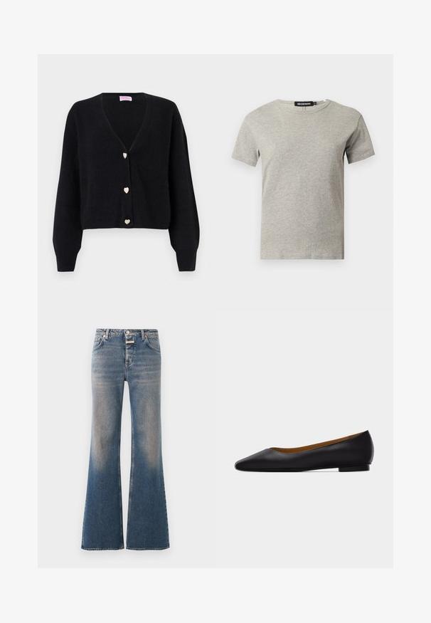 Cardigan noir à col en V avec manches longues et trois boutons décoratifs en forme de cœur sur le devant.; T-shirt en coton gris clair à manches courtes et col rond avec une étiquette noire visible à l'intérieur du col indiquant "DENIM" et la taille "S."; Jean en denim bleu délavé avec une taille haute, style classique cinq poches, fermeture par boutons et jambes évasées larges.; Chaussure plate en cuir noir à bout pointu avec talon bas et finition lisse, vue de côté sur un fond gris clair.