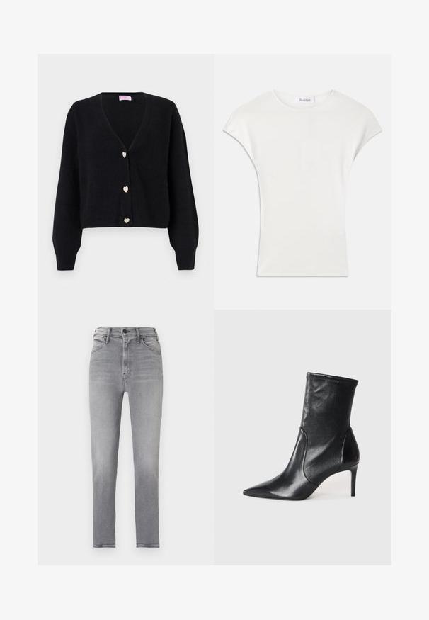 Cardigan noir à col en V avec manches longues et trois boutons décoratifs en forme de cœur sur le devant.; Chemise blanche à manches courtes en tissu côtelé doux. Encolure ras du cou ; coupe décontractée avec des manches légèrement bouffantes. Étiquette de la marque visible au niveau de l'encolure.; Jean gris taille haute coupe slim avec bouton à l'avant, fermeture éclair et design à cinq poches, présenté sur un fond uni.; Bottes noires à la cheville en cuir lisse, dotées d'un bout pointu, d'un tige ajustée et d'un talon haut fin. Design minimaliste sans quincaillerie visible.