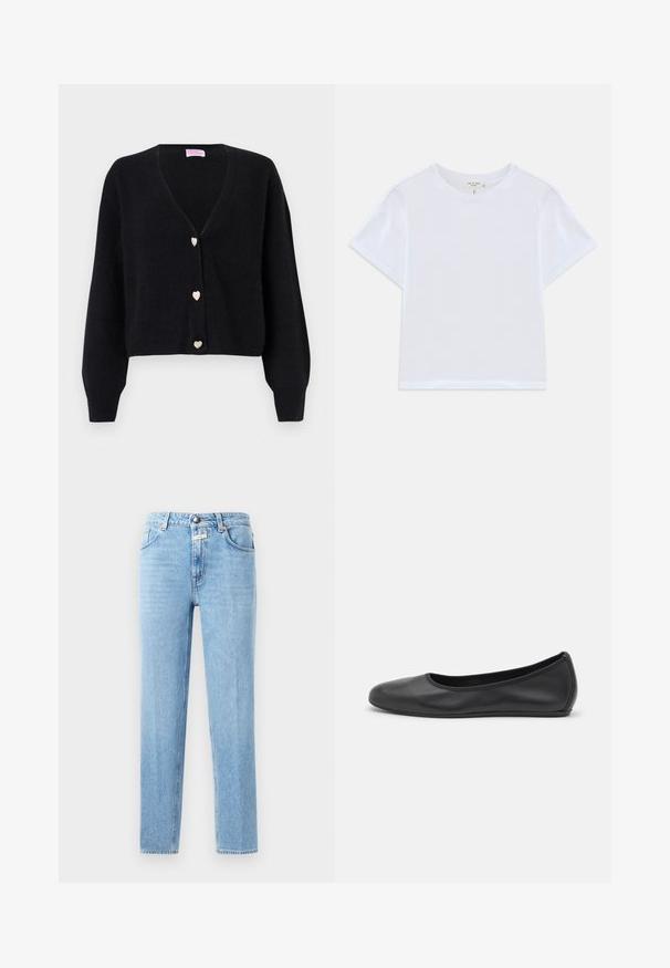 Zwarte V-hals cardigan met lange mouwen en drie decoratieve knopen in de vorm van hartjes aan de voorkant.; Witte cropped t-shirt van zacht katoen, met een ronde hals en korte mouwen in een iets ontspannen pasvorm. Geen patronen of accenten.; Lichtblauwe denim jeans met een rechte pijp, vijf-pocket ontwerp en metalen knoopsluiting. Gelaagd stof met minimale vervaging.; Zwarte leren ballerina met een ronde neus, gladde textuur, minimale stikdetails en een flexibele zoolontwerp.
